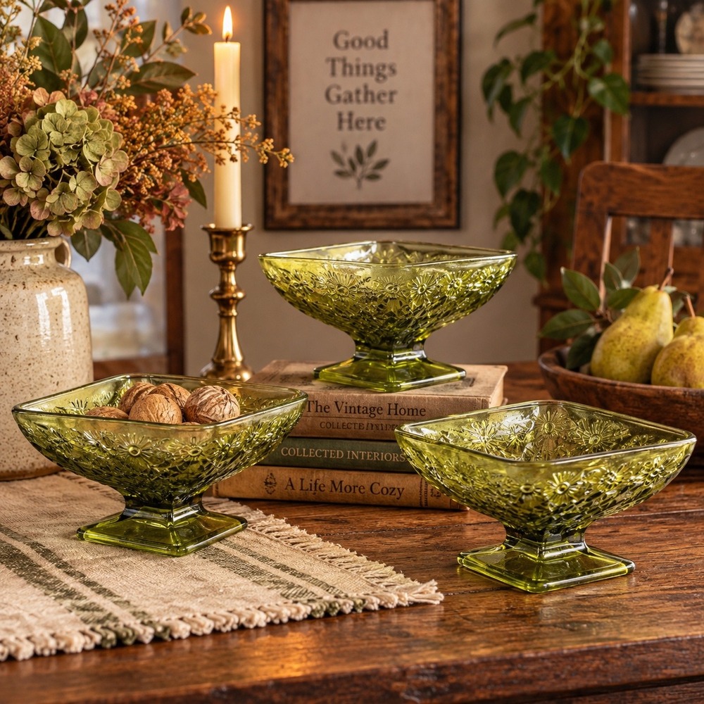 Vintage Indiana Glass Daisy Olive Green Pedestal Compote Candy Bowls Set of 3